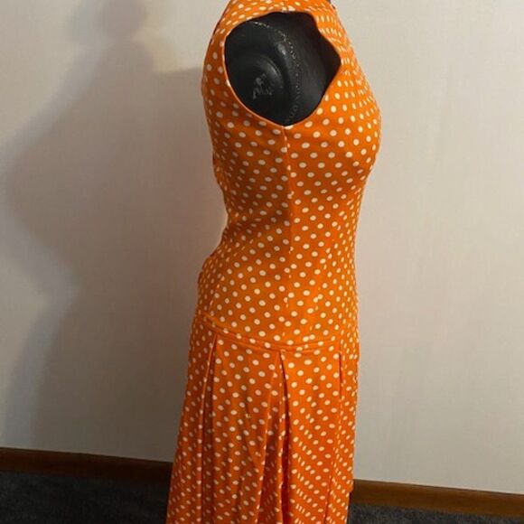 Vintage 60's Orange/White Polka dot drop waist pleated sleeveless dress, size XS - Picture 5 of 6